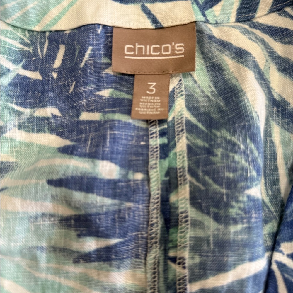 Chico’s Tropical Blue Leaf Print 100% linen open cardigan in size XL (3) - Picture 11 of 13